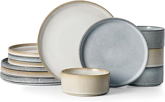 famiware Star Dinnerware Set Plates and Bowls Sets for 4 (12pcs) Ribbed Stoneware Dishes - Chip &amp Scratch Resistant Microwave &amp Dishwasher Safe Multicolor - Cappuccino White &amp Smoky Bl
