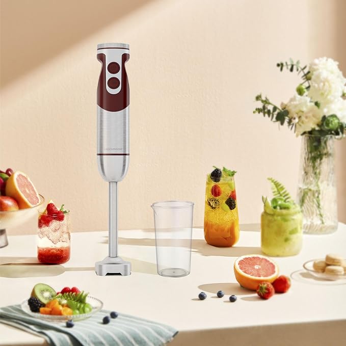 MegaWise 5-in-1 Immersion Hand Blender Set with Variable Speed 400W Stainless Steel - Includes Chopper Whisk Milk Frother and Beaker - Ideal for Soups Smoothies Baby Food &amp More (RED)