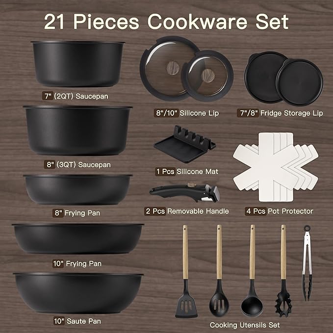 Astercook Non Stick RV Pots and Pans Ceramic Kitchen Cookware Set with Detachable/Removable Handle Oven Safe Induction Ready Stackable Black 21 pcs