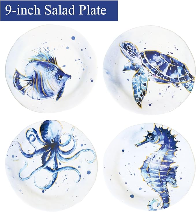 UPware 12 Piece Indigo Sea Life Melamine Dinnerware Sets Outdoor Dishes Set Plates and Bowls Sets Service for 4 Blue