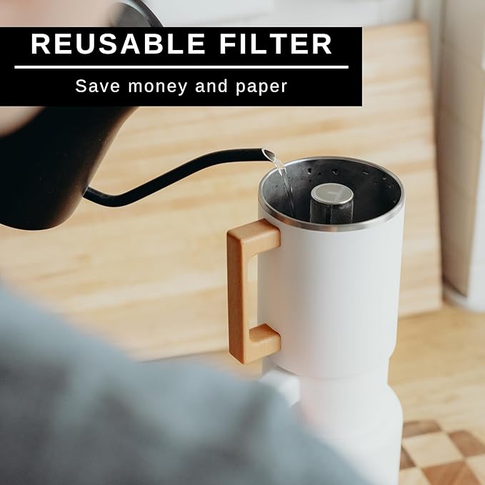 HASTINGS Pour Over Coffee Dripper - Stainless Steel Pour Over Coffee Filter Metal Paperless Reusable Double Mesh Cone Filter with Wood Handle - Coffee Maker for Single Cup Brew up to 68 OZ (White)