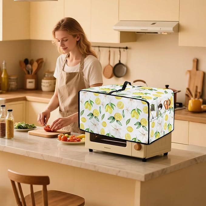 Toaster Oven Dust Cover with Accessory Pockets Neat Storage and Protection with Organizing Side Pockets for Kitchen Toaster Oven Appliances Decor Lemon Leaves