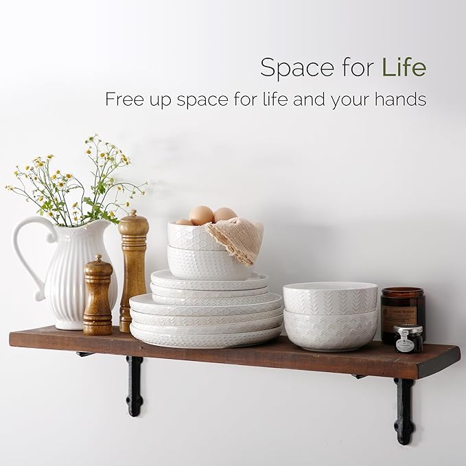 Stoneware Dinnerware Sets Service for 4 12 pcs Reactive Glaze Plates and Bowls Sets Embossed Boho Ceramic Dish Set Highly Chip and Crack Resistant Farmhouse Plate Set Ivory White