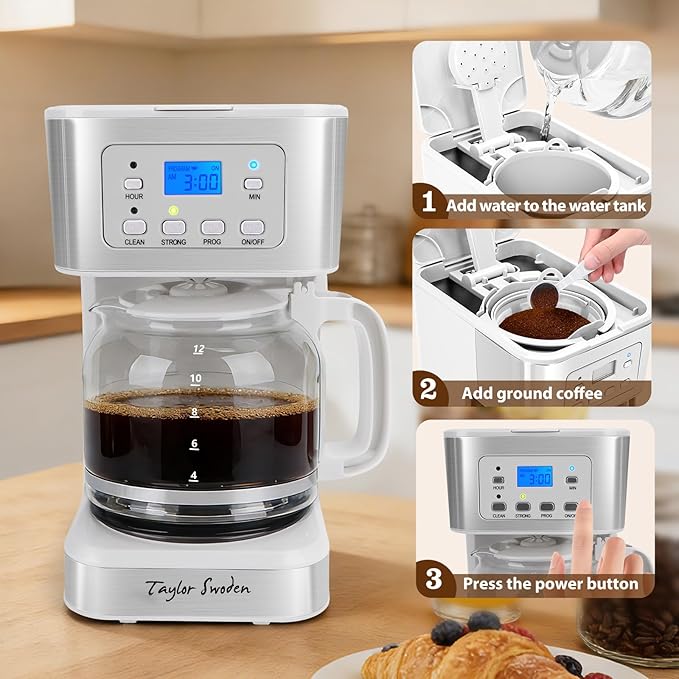 Taylor Swoden 12-Cup Programmable Coffee Maker Regular &amp Strong Brew Drip Coffee Machine for Home and Office Glass Carafe Pause &amp Serve Auto Shut Off White &amp Stainless Steel