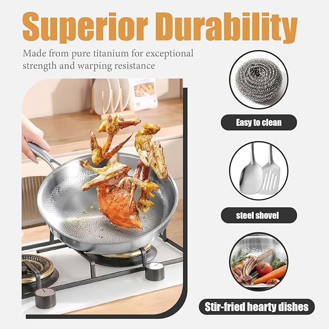 Titanium Frying Pan Titanium Hammered Cookware Set Pro Pure Titanium Frying Cookware Pan With Lid For Cooking Suitable For All Stovetops No Coating | Non-Stick (With lid 12.6in)