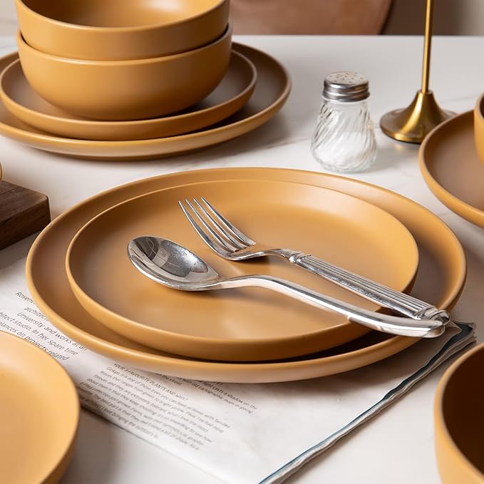 12-Piece Stoneware Dinnerware Set with Mugs | Microwave and Dishwasher Friendly | Stackable Matte Glaze Plates &amp Bowls | Service for 3 (Orange for 3)