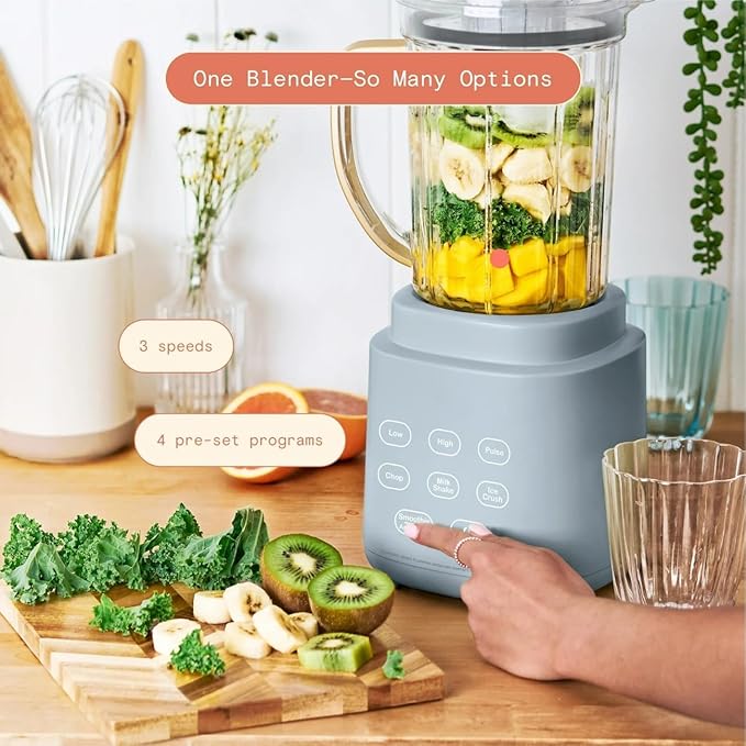 PowerExact Blender PrecisionSense Tech 3 Speeds 4 Presets 50oz BPA-Free Jar 20oz To-Go Cup No Drippy Sippy Lid Auto-Clean Dishwasher Safe Ice Crush &amp Smoothies (Cornflower Blue)
