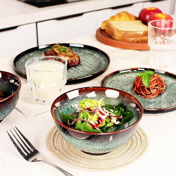 Dinner Set 12 Pieces - Round Reactive Glaze Tableware - Kitchen Dinnerware Porcelain Crockery with Dinner Plate Bowl and Soup Plate Service for 4 Microwave Dishwasher Safe Set (No.3)