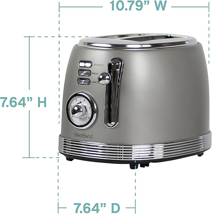 West Bend Toaster 2 Slice Retro-Styled Stainless Steel with 4 Functions and 6 Shade Settings 850-Watts Gray