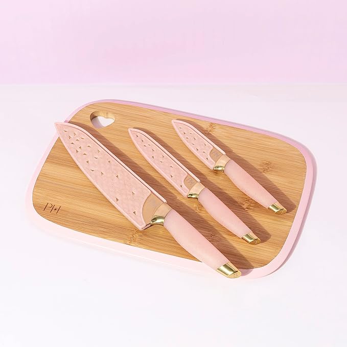 Paris Hilton Reversible Bamboo Cutting Board and Cutlery Set with Matching High Carbon Stainless Steel Knives Blade Guards Sleek Yet Comfortable Handle Grips 7-Piece Set Gold Pink