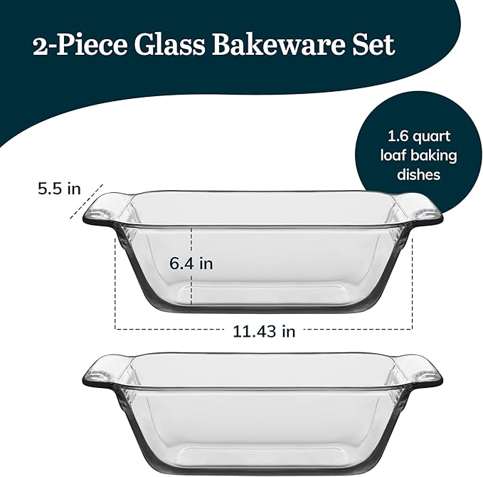 Libbey Baker’s Premium 2 Piece Glass Baking Dish Set Stackable Space Saving Glass Bakeware Set Oven Baking Dish for Bread Pound Cakes Meatloaf