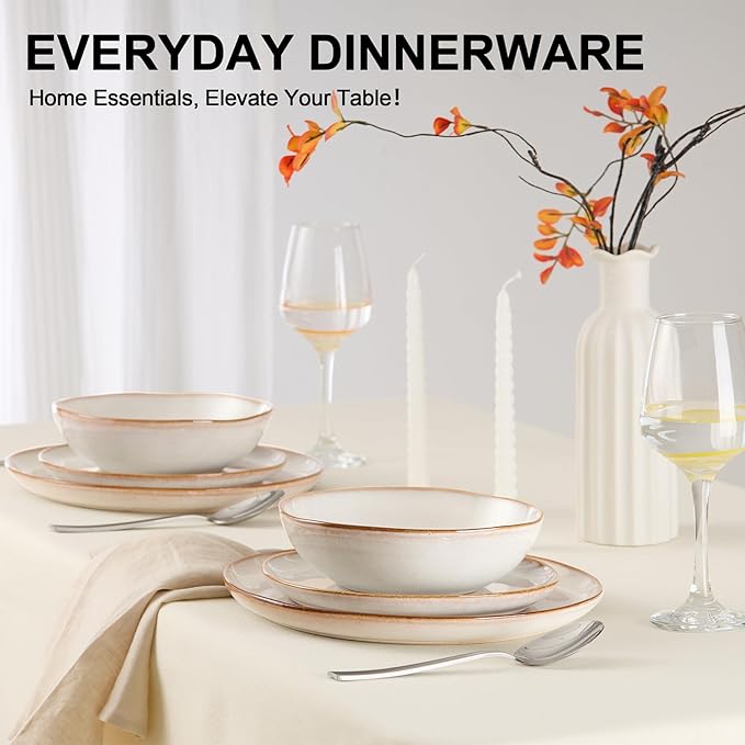 Vesteel Dinnerware Set for 4 12 Pieces Premium Stoneware Plates and Bowls Set Handmade Reactive Glaze Dishes for Home Chip &amp Scratch Resistant Microwave and Dishwasher Safe - Pearl White