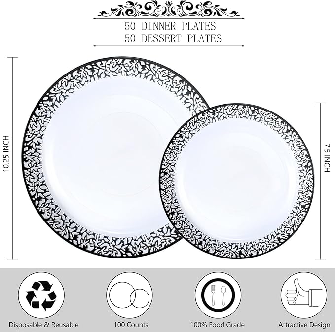 U-QE 100pcs Clear and Black Plastic Plates - Black Plates Disposable for Party - Disposable Plates for Premium Party Supplies Including 50 Dinner Plate 10.25 '' &amp50 Dessert 7.5 '' Plate