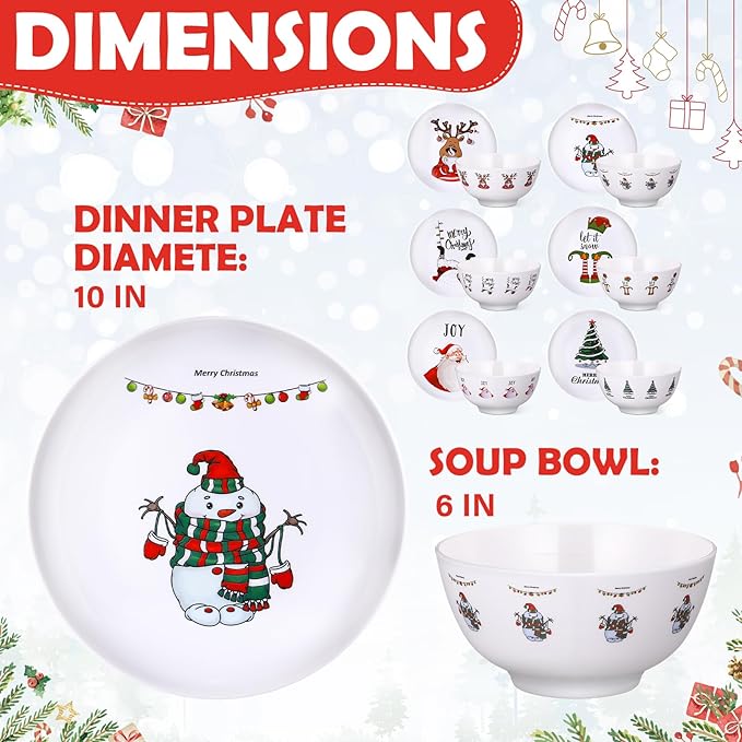 12 Pcs Christmas Melamine Dinner Plates and Bowl Service for 6 Guest with 6in Bowl 10in Plates Reusable Dinnerware Sets Xmas Party Supplies Gifts Festive Holiday Tableware Collection