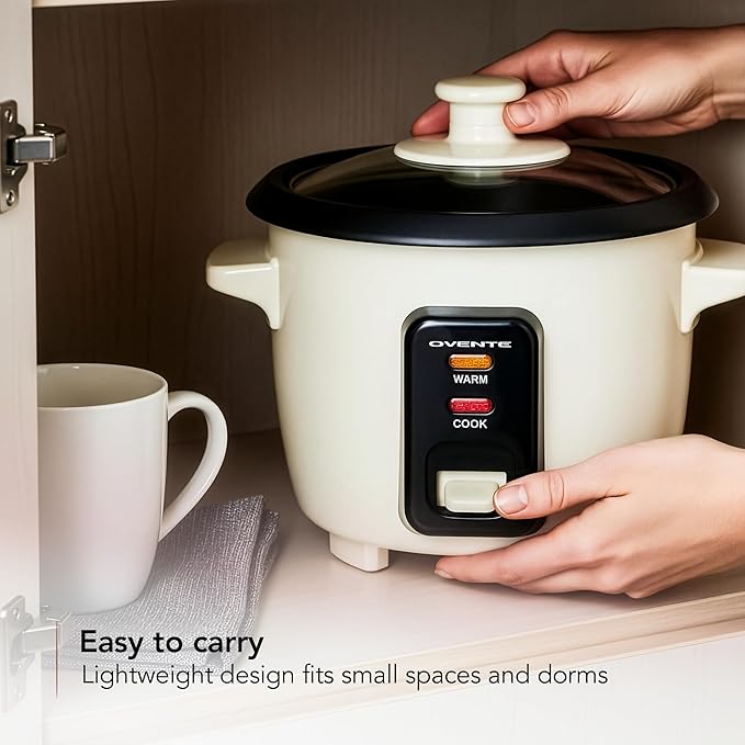 OVENTE Electric Rice Cooker 4-Cups (Cooked) with Removable Nonstick Pot Keep Warm Function Cooks Grain Oatmeal and Makes Soups Stews or Hot Cereals Includes Measuring Cup and Spatula Cream RC04C