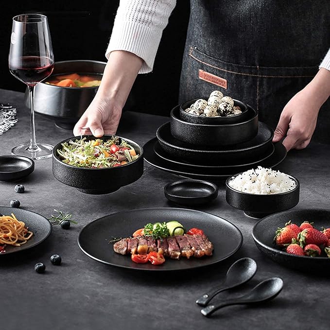 Ceramics Dinner Sets 46 Pieces Matte Black Glaze Cereal Bowl and Steak Plate Set | Porcelain Dinnerware Set for Family Gathering and Restaurant
