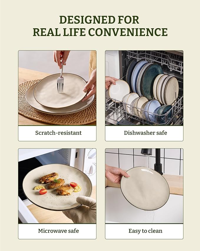 Famiware Dinnerware Sets for 4 Ocean Round 12-Piece Kitchen Plates and Bowls Sets Microwave and Dishwasher Safe Scratch Resistant Light khaki