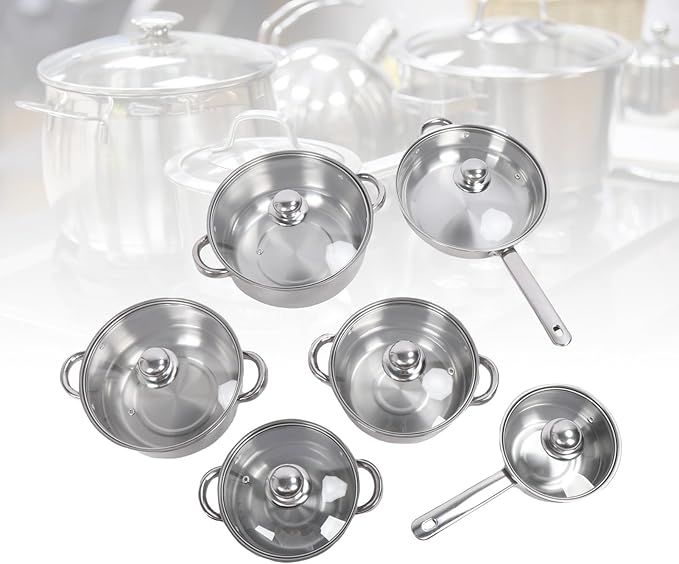 Stainless Steel Pots and Pans Set 6 Pcs | Even Heating Thickened Cookware with Lids | Easy to Maintain Kitchen Cookware Set for Boiling/Stewing/Frying