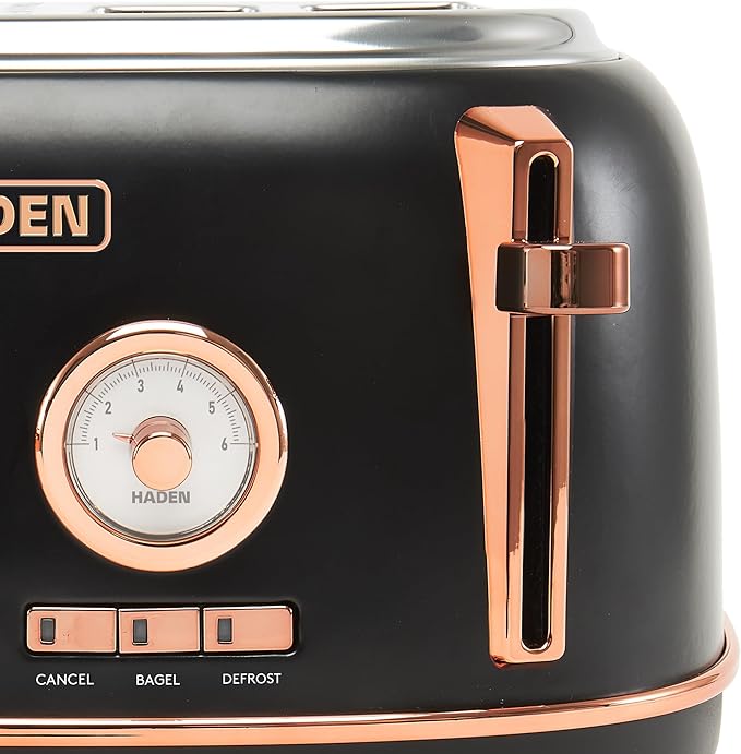Haden Dorset 4 Slice Wide Slot Stainless Steel Toaster with Adjustable Browning Control &amp Non-Slip Feet Black &amp Copper