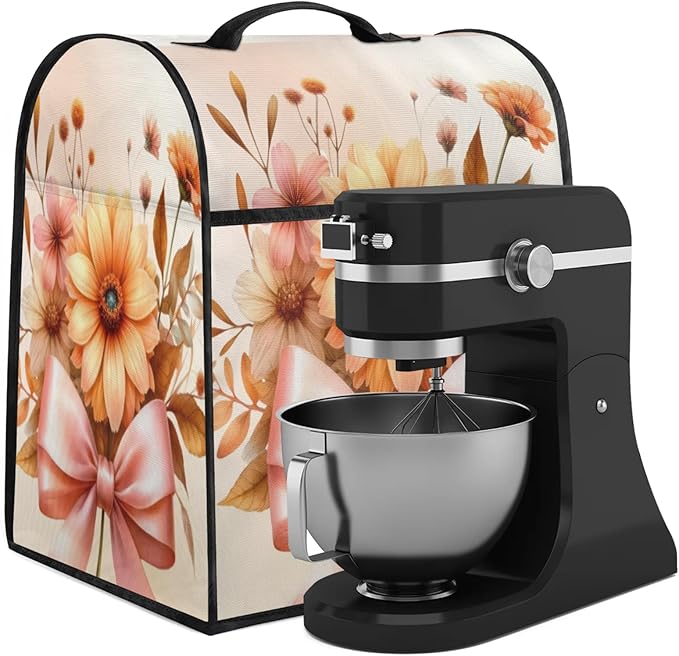 Kitchen Aid Mixer Cover Flower Floral Bow Stand Mixer Cover Compatible with 6-8 Quarts Stand Mixers Dust Covers with Zipper Pocket Foldable Washable Kitchen Aid Organizer Bag