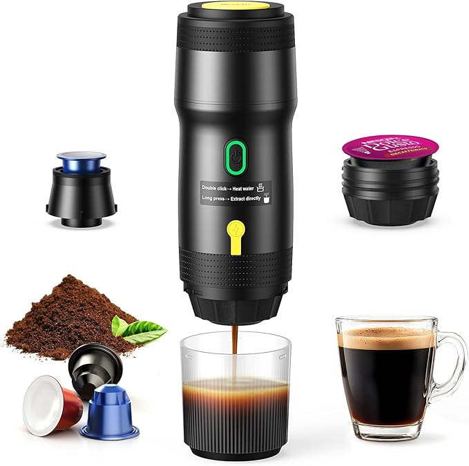 Portable Electric Espresso Machine Car Self-Heating Coffee Maker with USB-DC Travel Coffee Machine for Camping Compatible With NS Capsules &amp Ground Coffee Portable Coffee Maker for Hiking RV
