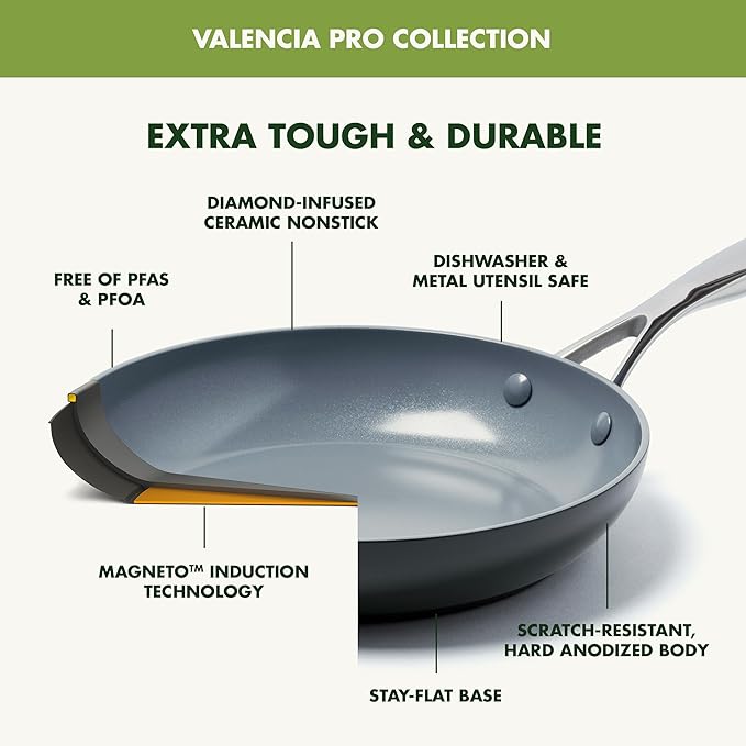GreenPan Valencia Pro Ceramic Nonstick 16 Piece Cookware Set Hard Anodized PFAS-Free Pots &amp Pans Induction Ready Compatible on All Cooktops Dishwasher Safe Oven Safe to 600F Gray
