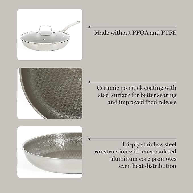 Martha Stewart Badgley Hybrid Nonstick 12 Inch TriPly Stainless Steel Large Fry Pan With Lid &amp Stay Cool Handle - Laser Etched Non-Toxic Perfect Sear Nonstick Skillet - Dishwasher and Induction Sa