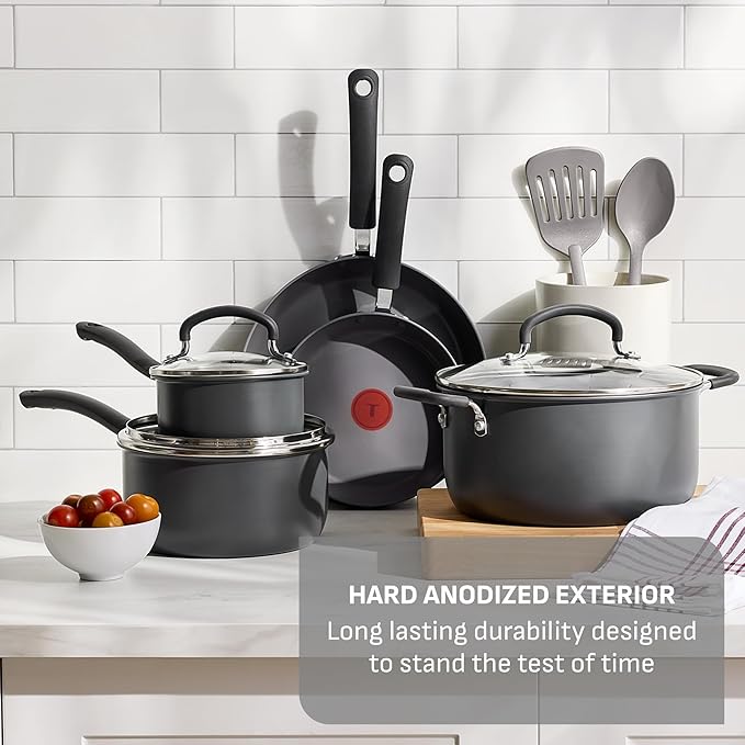 T-Fal Ultimate Hard Anodized Nonstick 10 Piece Cookware Set Oven Safe Up to 400°F Dishwasher Safe Pots and Pans Set Includes Frying Pans Saucepan Stockpot Cooking Utensils Grey