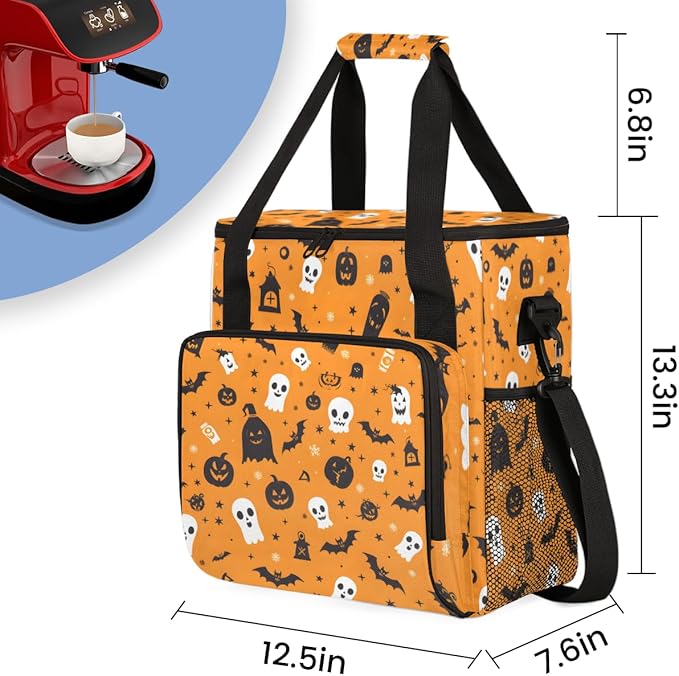 Halloween Pumpkin Coffee Maker Carrying Bag Bat Pumpkin Travel Storage Bag Compatible with K-Mini or K-Mini Plus Single Serve Coffee Brewer Carrying Case with Multiple Pockets &amp Shoulder Strap