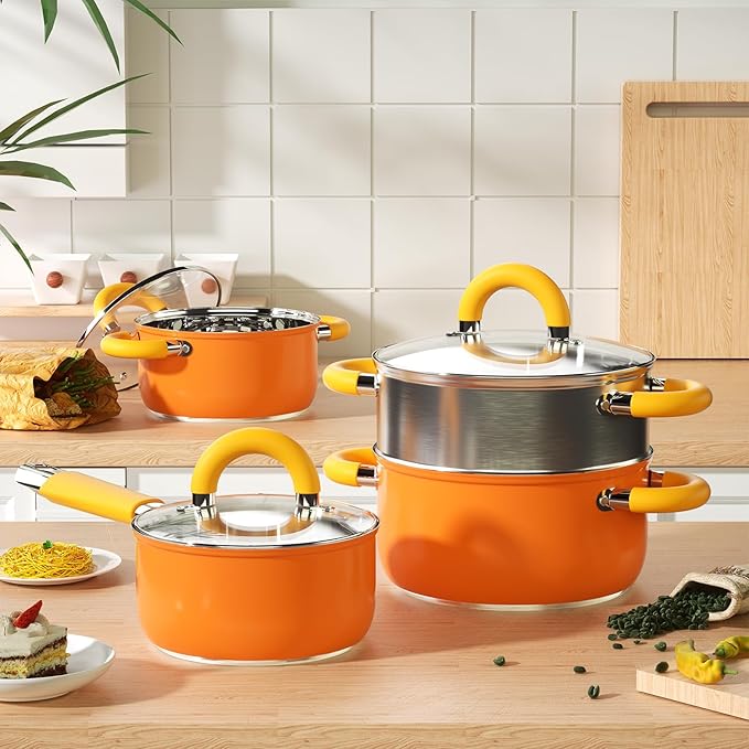 18/8 Stainless Steel Cookware Set 7 PCS Pots and Pans Set 4 3 2 QT Pot Pan with Lid and Steamer Compatible with All Stovetops Dishwasher Safe