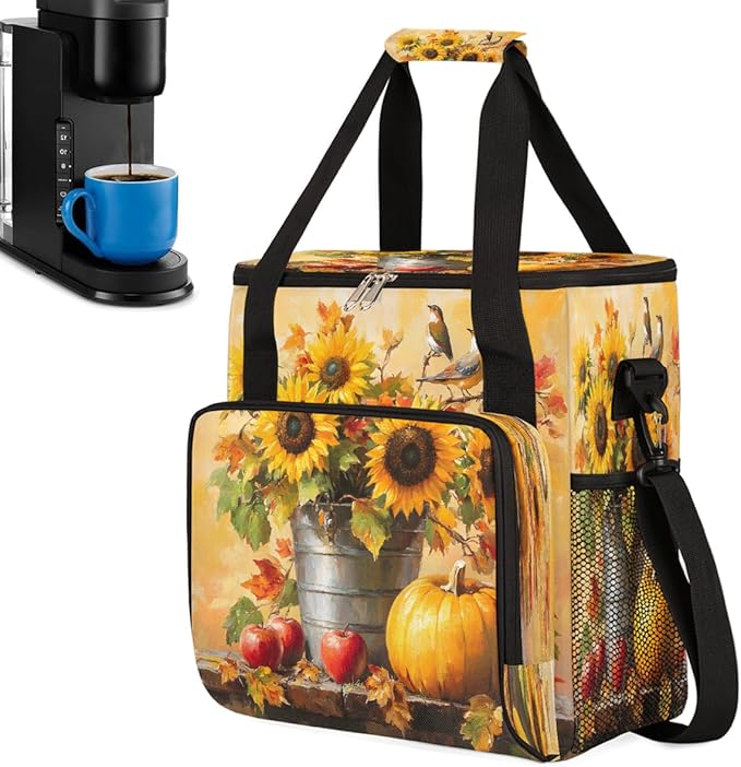 Sunflower Pumpkin Apple Bird Coffee Maker Carring Bag Travel Carrying Storage Tote Bag Compatible with Keurig K-Mini or K-Mini Plus Portable Single Serve Coffee Brewer Case with Pockets