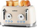 CUSIMAX Toaster 4 Slice Retro Toaster with Wide Slots for Bagels Stainless Steel with 6 Toast Settings Bagel Cancel Defrost &amp Reheat Functions Dual Independent Control Panels Cream