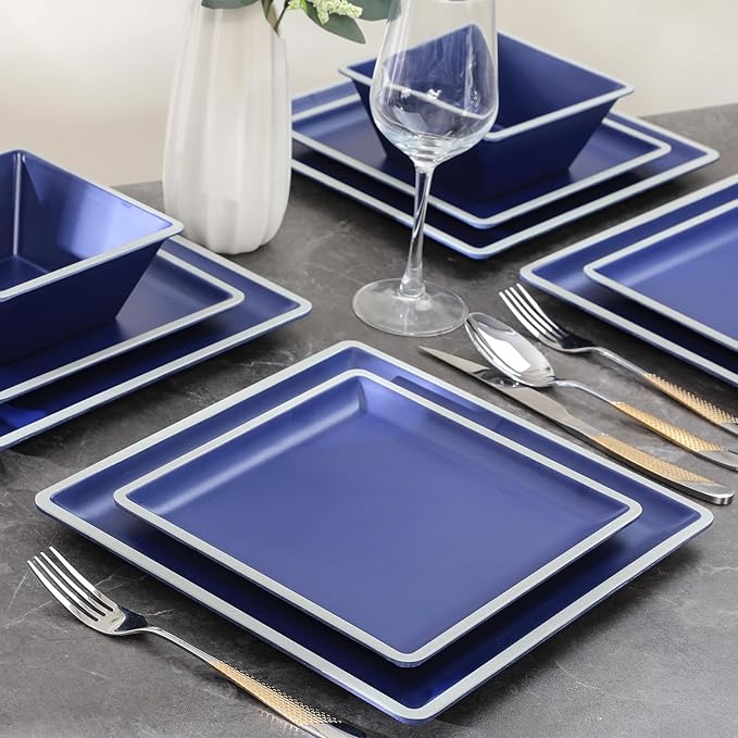 Square Melamine Dinnerware Sets Durable Square Dinner Plates and Bowls Set12-Piece Set Non-breakable Lightweight Dinner Tableware Sets Service for 4