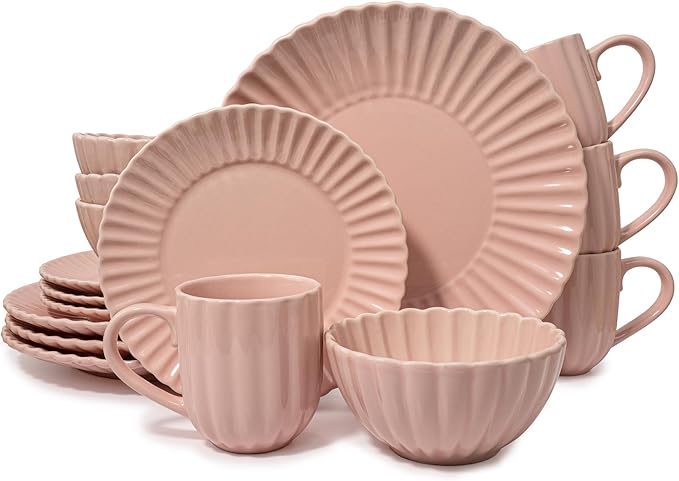 16 Piece Dinnerware Set Aruba (Pink Sunset) Plates Bowls and Mugs Set for 4