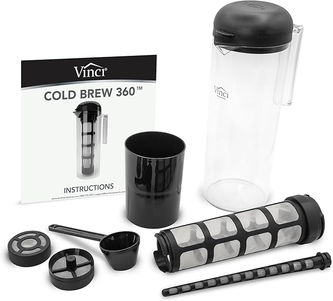 VINCI Cold Brew 360 Plastic Cold Brew Coffee Maker Featuring Patented Dual Filter 360 Brewing Technology Cold Brew for Iced Coffee (1.4 Liter / 47 FL.OZ)