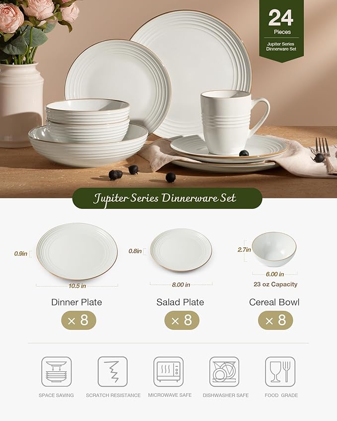 Famiware Jupiter Stoneware Dinnerware Sets Handcrafted Plates and Bowls with Embossed Swirl &amp Speckles White - Chip &amp Scratch Resistant Dishwasher Microwave Safe Minimalist Dishes for 8 (24