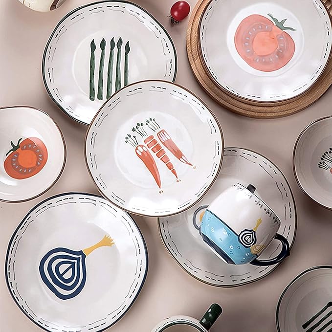 Dinnerware Sets - Luxury Gift Dishes Service Set Ceramics Dinner Sets 20 Pieces Hand Drawn Vegetable Pattern Porcelain Dinnerware Set | Mug Cereal Bowl and Steak Plate