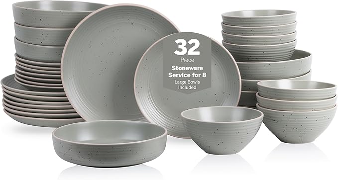 Stone Lain Lauren Stoneware Rustic Plates and Bowls Set Dinnerware Service for 8 Speckled Green Dishwasher &amp Microwave Safe 32-Piece