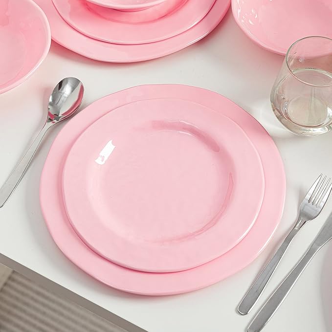 LEHAHA Pink Dishes Melamine Dinnerware Sets 12 Piece Kitchen Plates and Bowls Dinnerware Sets Lightweight BPA free Melamine Dishes for Girls Valentine's Day Mother's Day.