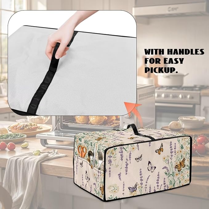 Butterfly Floral Print Toaster Oven Dust Cover with Accessory Pockets Heavy Duty Smart Microwave Oven Protector Heat Resistant Bread Maker Cover Pink
