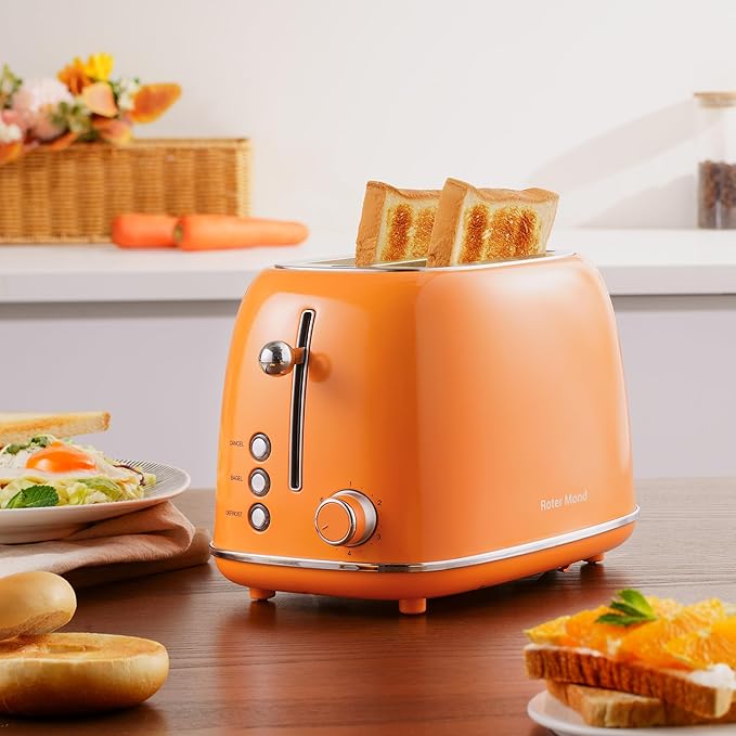 Roter Mond 2 Slice Toaster Retro Stainless Steel with Bagel Cancel and Defrost Functions 6 Bread Shade Settings Extra Wide Slots and Removable Crumb Tray Orange