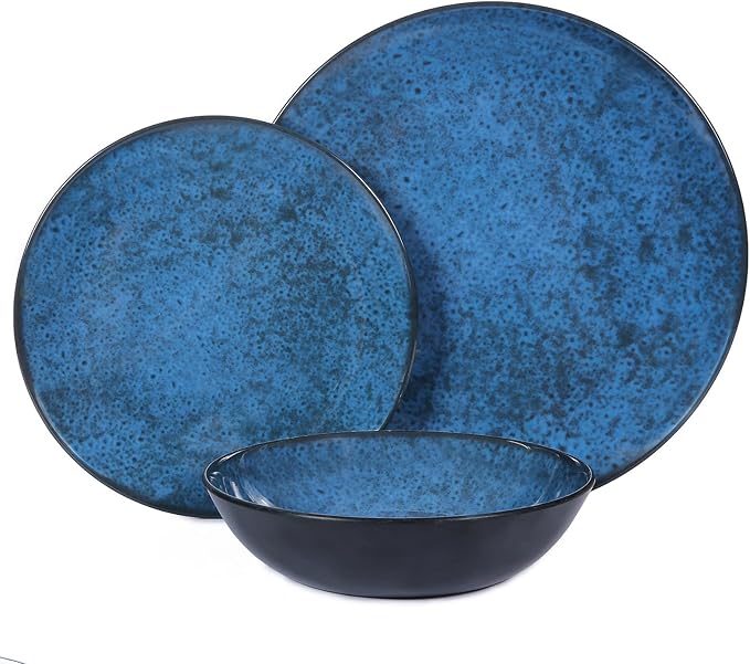 Melamine Dinnerware Sets for 4 Dinner Plates Bowls Set Unbreakable Melamine Classic Blue Dinnerware Dishwasher Safe Tableware Sets for Everyday Use 12 Pcs