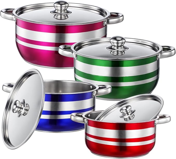 TEHAUX 4pcs Stainless Steel Induction Cookware Set with Antiscald Handles Multipurpose Kitchen Pots for Pasta Soup Compatible with Gas Electric Stoves Stock Pots