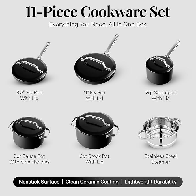 Gotham Steel Modern 11 Pc Ceramic Cookware Set Elegantly Designed Pots and Pans Set Non Stick with Steamer Induction Bottom Premium Stay Cool Handles Non Toxic PFOA Free Oven &amp Dishwasher Saf