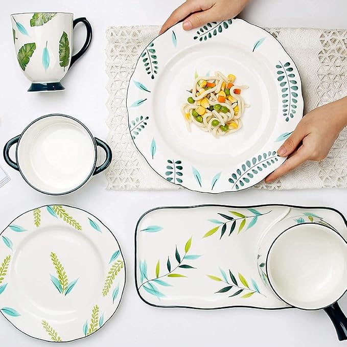 Dinnerware Set Plates and Bowls Sets 14 Piece Hand-Painted Plants Dinnerware Sets Elegant Couple Ceramic Plates Set And Dishes Set