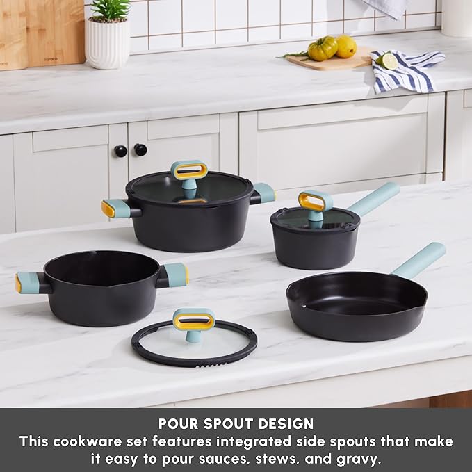 KARACA Fancy Ceramic Cookware Sets Black Kitchen Pots &amp Pans Set Non Stick with Lid Swiss Crystal Surface Induction Cooking Utensils 7-Piece Dishwasher Safe