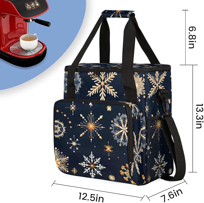 Christmas Snowflakes Coffee Maker Carrying Bag Magical Snowflakes Travel Storage Bag Compatible with K-Mini or K-Mini Plus Single Serve Coffee Brewer Carrying Case with Pockets &amp Shoulder Strap