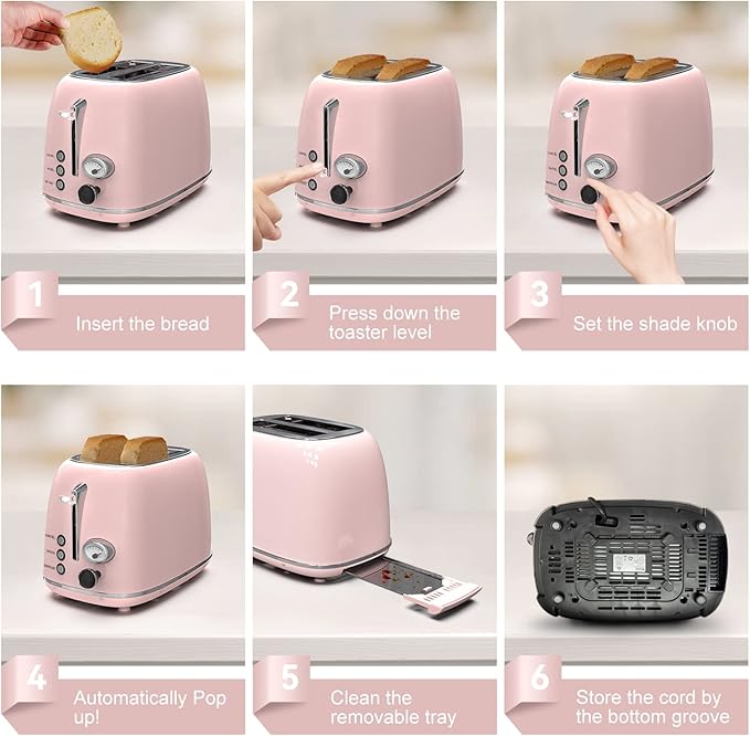 Toaster 2 sliceRetro Stainless Steel Toaster with 6 Settings 1.5 In Extra Wide Slots Bagel/Defrost/Cancel Function Removable Crumb Tray (Baby pink)
