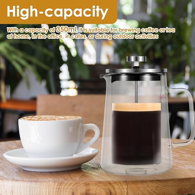 350/650/1000ml Double Wall Glass French Press Coffee Maker Multifunctional French Press Tea Maker Clear Coffee Press Large Capacity French Press for Camping(transparent color-1-350ml-Light)