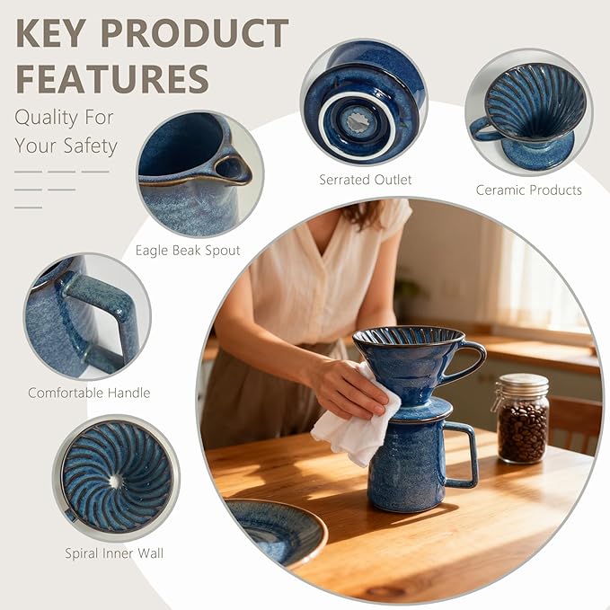 Ceramic Pour Over Coffee Maker Set Starry Blue Coffee Dripper Cone with 40 Filters 14 Ounces/400ml Pot